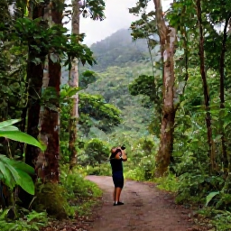 Caribbean Holidays, Puerto Rico Birdwatching, A birder using binoculars on a quiet trail through El Yunque National Forest, surrounded by tropical trees and misty green hills