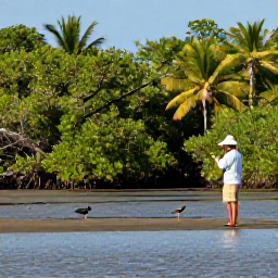 Caribbean Holidays, Puerto Rico Birdwatching, A birdwatcher scanning mangroves and coastal wetlands in Cabo Rojo, Puerto Rico, with wading birds visible in shallow water