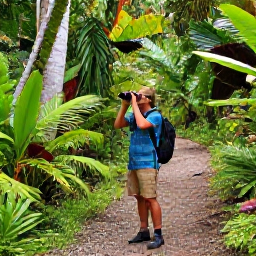 Caribbean Holidays, Puerto Rico Birdwatching, A birdwatcher with binoculars on a forest trail in Puerto Rico during September, surrounded by lush tropical vegetation