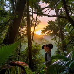 Caribbean Holidays, Puerto Rico Birdwatching, A colourful December sunrise over Puerto Rico's El Yunque National Forest, with a birder using binoculars among lush tropical trees
