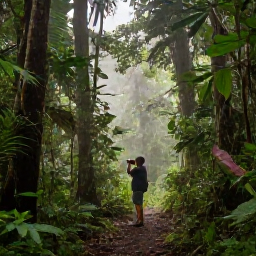 Caribbean Holidays, Puerto Rico Birdwatching, A lush Puerto Rican rainforest at dawn, with a birdwatcher holding binoculars on a quiet trail