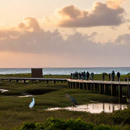 Caribbean Holidays, Puerto Rico Birdwatching, A peaceful coastal wetland in Puerto Rico at sunrise, with herons, egrets and birdwatchers beside a boardwalk