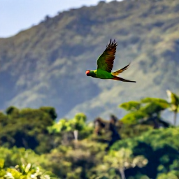 Caribbean Holidays, Puerto Rico Birdwatching, A Puerto Rican parrot flying above forest canopy in a protected island reserve, with tropical mountains in the background