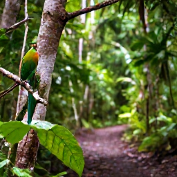 Caribbean Holidays, Puerto Rico Birdwatching, A Puerto Rican parrot high in a rainforest tree, viewed from a peaceful forest trail with dense tropical vegetation