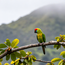 Caribbean Holidays, Puerto Rico Birdwatching, A Puerto Rican parrot perched in a rainforest tree with misty green mountains behind