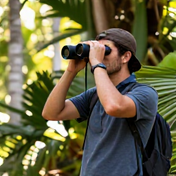 Caribbean Holidays, Puerto Rico Birdwatching, A Puerto Rico birdwatching guide and traveller using binoculars in a shaded tropical garden near San Juan