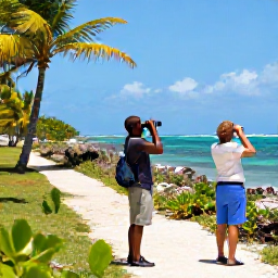 Caribbean Holidays, Puerto Rico Birdwatching, A relaxed couple birdwatching beside a quiet Puerto Rican coastal trail, with binoculars, palm trees and turquoise sea in the background