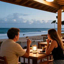 Caribbean Holidays, Puerto Rico Birdwatching, A relaxed couple enjoying a December evening at a Puerto Rican coastal restaurant after a day of birdwatching