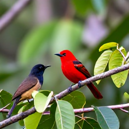 Caribbean Holidays, Puerto Rico Birdwatching, A scarlet tanager and Puerto Rican tody among lush green foliage in a Puerto Rico forest during early morning light