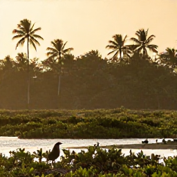Caribbean Holidays, Puerto Rico Birdwatching, Birdwatcher in a quiet Puerto Rican wetland at sunrise, with tropical trees, mangroves and wading birds