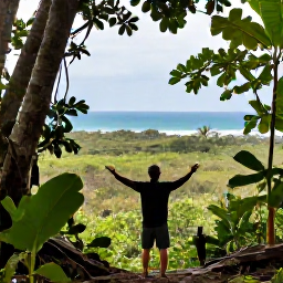 Caribbean Holidays, Puerto Rico Birdwatching, Birdwatcher overlooking lush tropical forest and coastal wetlands in Puerto Rico during July