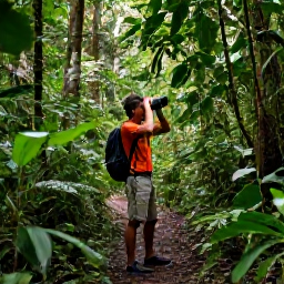 Caribbean Holidays, Puerto Rico Birdwatching, Birdwatcher with binoculars on a shaded rainforest trail in El Yunque, Puerto Rico