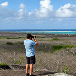 Caribbean Holidays, Puerto Rico Birdwatching, Birdwatcher with binoculars overlooking dry forest and the Caribbean coast in Puerto Rico