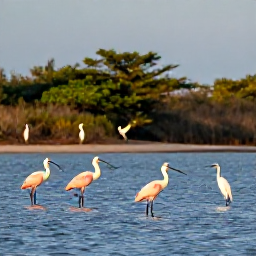 Caribbean Holidays, Puerto Rico Birdwatching, Birdwatchers observing roseate spoonbills, egrets and herons across a calm coastal wetland in Puerto Rico at sunrise