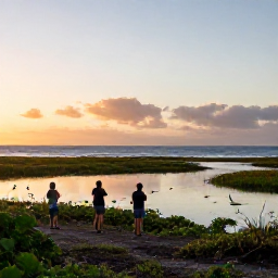 Caribbean Holidays, Puerto Rico Birdwatching, Birdwatchers observing shorebirds and seabirds beside a quiet Puerto Rican coastal wetland at sunrise