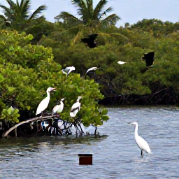 Caribbean Holidays, Puerto Rico Birdwatching, Birdwatchers viewing herons and egrets beside a calm mangrove lagoon near San Juan, Puerto Rico