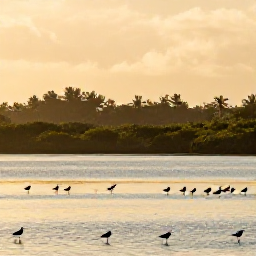 Caribbean Holidays, Puerto Rico Birdwatching, Birdwatchers viewing wading birds across a peaceful Puerto Rican wetland at golden morning light