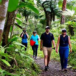 Caribbean Holidays, Puerto Rico Birdwatching, Birdwatchers walking quietly along a forest trail in El Yunque National Forest, Puerto Rico, with binoculars and tropical vegetation