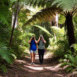 Caribbean Holidays, Puerto Rico Birdwatching, Birdwatchers walking through a verdant Puerto Rican rainforest trail with binoculars, tree ferns and filtered sunlight