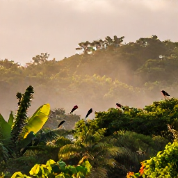 Caribbean Holidays, Puerto Rico Birdwatching, Colourful Puerto Rican birds in a lush rainforest canopy at dawn