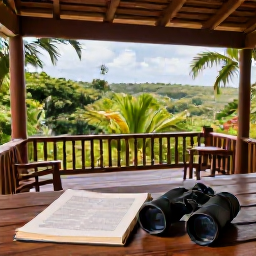 Caribbean Holidays, Puerto Rico Birdwatching, Comfortable Puerto Rican eco-lodge terrace with binoculars, field guide and tropical landscape beyond