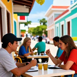 Caribbean Holidays, Puerto Rico Birdwatching, Friendly birdwatchers relaxing at a Puerto Rican caf&eacute; after a morning wildlife excursion, with colourful local streets nearby