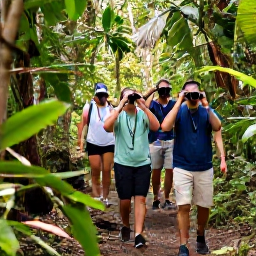 Caribbean Holidays, Puerto Rico Birdwatching, Guided birdwatching group walking through El Yunque rainforest in Puerto Rico, binoculars and tropical foliage
