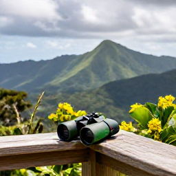 Caribbean Holidays, Puerto Rico Birdwatching, Rare Puerto Rican Parrot habitat in the green mountains of El Yunque, with binoculars on a viewing platform