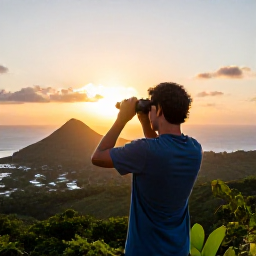 Caribbean Holidays, Puerto Rico Birdwatching, Relaxed birdwatcher using binoculars at sunset overlooking Puerto Rico&rsquo;s tropical hills and coastline