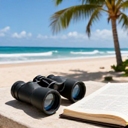 Caribbean Holidays, Puerto Rico Birdwatching, Relaxed Puerto Rican holiday scene with binoculars, a field guide and tropical beach beyond, showing a balance of wildlife and leisure