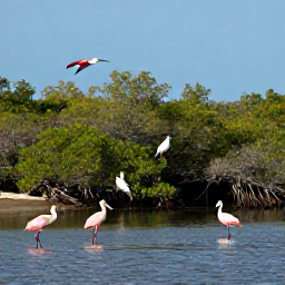 Caribbean Holidays, Puerto Rico Birdwatching, Roseate spoonbills, herons and other wading birds beside calm mangrove wetlands on Puerto Rico&rsquo;s coast