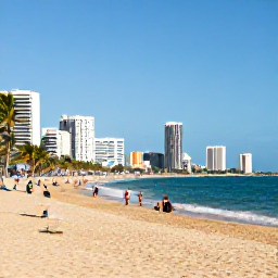 Caribbean Holidays, Puerto Rico Breaks, Busy Condado beach in San Juan, Puerto Rico, with palm trees, turquoise sea, golden sand and a modern city skyline