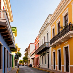 Caribbean Holidays, Puerto Rico Breaks, Colourful colonial streets and historic buildings in Old San Juan, Puerto Rico, photographed in warm January sunshine