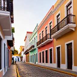 Caribbean Holidays, Puerto Rico Breaks, Colourful colonial streets in Old San Juan, Puerto Rico, with bright buildings, balconies and cobbled pavements in warm afternoon light