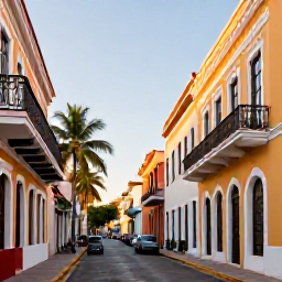 Caribbean Holidays, Puerto Rico Breaks, Colourful historic streets, Spanish colonial buildings and palm trees in Old San Juan, Puerto Rico, photographed in warm afternoon light