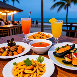 Caribbean Holidays, Puerto Rico Breaks, Colourful Puerto Rican dishes and fresh seafood served at an outdoor restaurant in San Juan at dusk