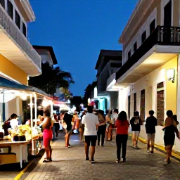 Caribbean Holidays, Puerto Rico Breaks, Colourful Puerto Rican street festival in San Juan at dusk, with musicians, dancers, food stalls and welcoming local families