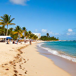 Caribbean Holidays, Puerto Rico Breaks, Golden sandy beach near San Juan, Puerto Rico, with turquoise water, palm trees and visitors relaxing in January sunshine