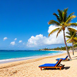 Caribbean Holidays, Puerto Rico Breaks, Golden sandy beach with turquoise water, sun loungers and palm trees near San Juan, Puerto Rico