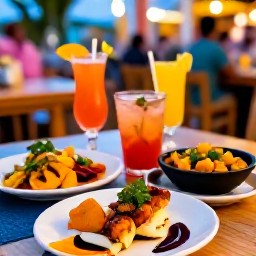 Caribbean Holidays, Puerto Rico Breaks, Outdoor dining in San Juan with colourful Caribbean dishes, local cocktails and lively evening atmosphere
