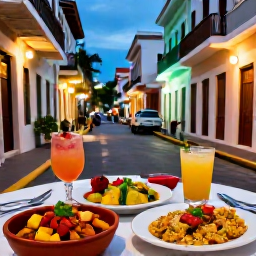 Caribbean Holidays, Puerto Rico Breaks, Outdoor table serving colourful Puerto Rican dishes and cocktails beside a lively street in San Juan during the evening