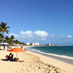 Caribbean Holidays, Puerto Rico Breaks, Relaxed Caribbean beach near San Juan with golden sand, turquoise water, palm trees and sunbathers in January