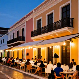 Caribbean Holidays, Puerto Rico Breaks, Relaxed evening scene in San Juan, Puerto Rico, with outdoor dining, warm lights, live music and historic buildings