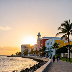 Caribbean Holidays, Puerto Rico Breaks, San Juan waterfront at sunset with colourful buildings, palm trees and visitors walking along the promenade