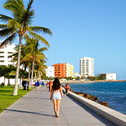 Caribbean Holidays, Puerto Rico Breaks, Travellers walking along the sea promenade in San Juan, Puerto Rico, with palm trees, colourful buildings and clear blue water