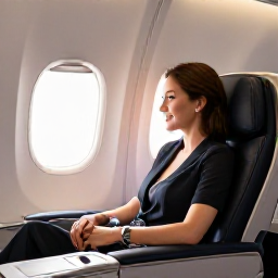 Caribbean Holidays, Puerto Rico Business Class, Business class passenger relaxing in a comfortable aircraft seat, warm natural light, elegant travel setting