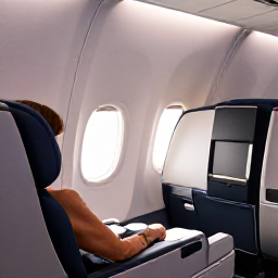 Caribbean Holidays, Puerto Rico Business Class, Business class passenger relaxing in a comfortable airline seat on a flight to Puerto Rico, soft cabin lighting and elegant travel atmosphere