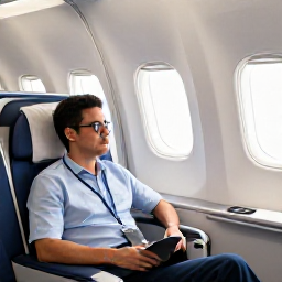Caribbean Holidays, Puerto Rico Business Class, Business class passenger relaxing in a comfortable premium cabin on a modern aircraft flying towards Puerto Rico