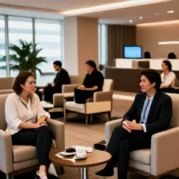 Caribbean Holidays, Puerto Rico Business Class, Business class passengers relaxing in a comfortable airport lounge before a flight to Puerto Rico