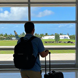Caribbean Holidays, Puerto Rico Business Class, Business class traveller arriving at San Juan airport in Puerto Rico, with tropical scenery visible beyond the terminal